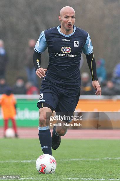 Necat Ayguen of Muenchen in action during the Regionalliga Bayern match between FV Illertissen and 1860 Muenchen II at Voehlinstadion on April 20,...