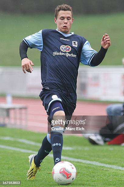 Sebastian Maier of Muenchen in action during the Regionalliga Bayern match between FV Illertissen and 1860 Muenchen II at Voehlinstadion on April 20,...