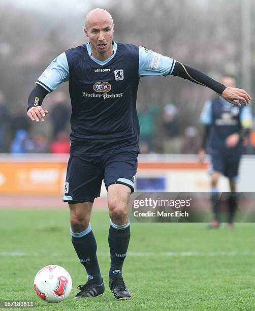 Necat Ayguen of Muenchen in action during the Regionalliga Bayern match between FV Illertissen and 1860 Muenchen II at Voehlinstadion on April 20,...