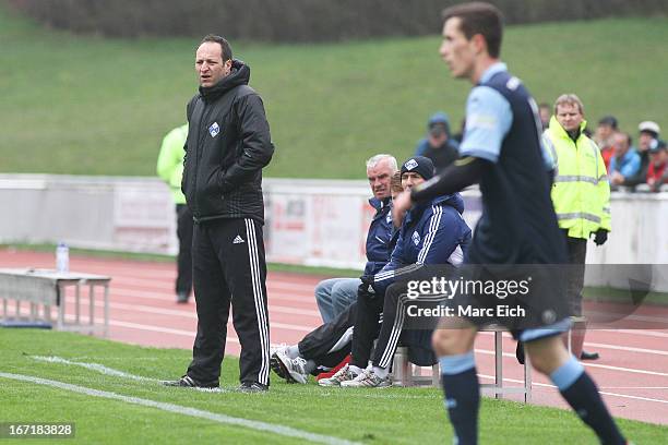 Illertissen's coach Holger Bachthaler looks on during the Regionalliga Bayern match between FV Illertissen and 1860 Muenchen II at Voehlinstadion on...