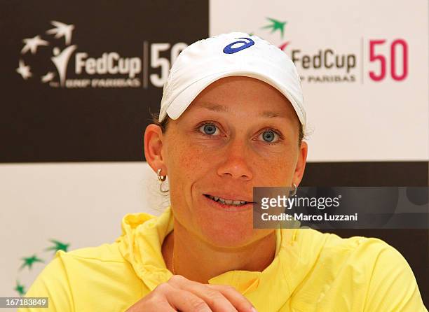 Samantha Stosur of Australia attends at press conference during day three of the Fed Cup World Group Play-Offs between Switzerland and Australia at...