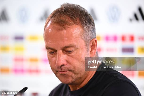 Hans-Dieter Flick, head coach of Germany looks on during his press conference after the international friendly match between Germany and Japan at...