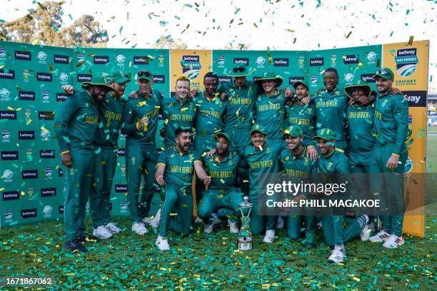 South African players celebrate winning the series after the fifth ...