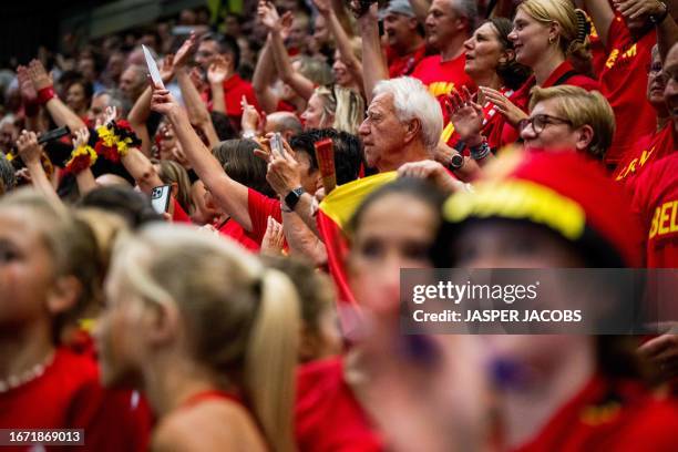 Belgian fans and supporters pictured during a tennis match between Belgian De Loore and Uzbek Sultanov, the fourth match in the Davis Cup World Group...