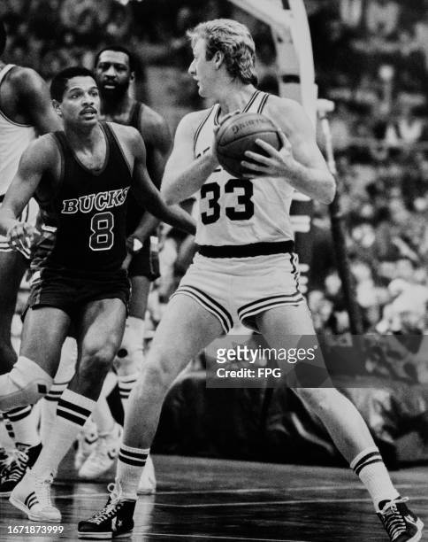 American basketball player Marques Johnson, Bucks small forward, and American basketball player Larry Bird, Celtics small forward, during an NBA...