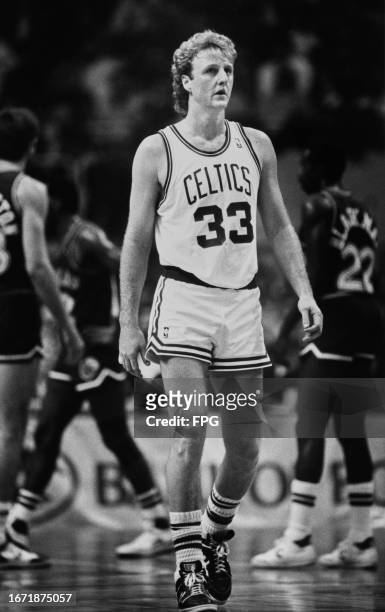 American basketball player Larry Bird, Boston Celtics small forward, during an NBA match, United States, circa 1985.