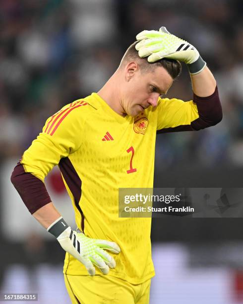 Marc-André ter Stegen of Germany looks dejected during the international friendly match between Germany and Japan at Volkswagen Arena on September...