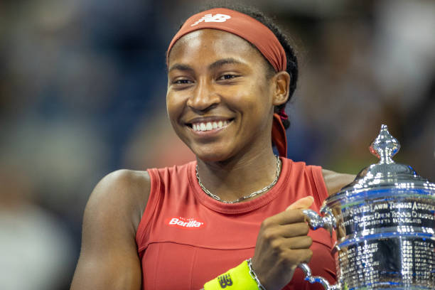 September 9: Coco Gauff of the United States with the winners' 'trophy after her victory against Aryna Sabalenka of Belarus in the Women's Singles...