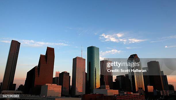 View of the Houston skyline at dusk on March 26, 2013 in Houston, Texas.