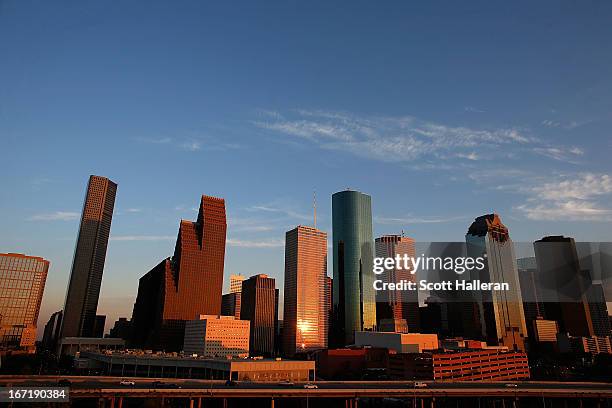 View of the Houston skyline at dusk on March 26, 2013 in Houston, Texas.