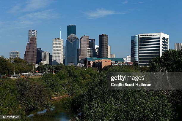 View of the Houston skyline during the afternoon on March 26, 2013 in Houston, Texas.