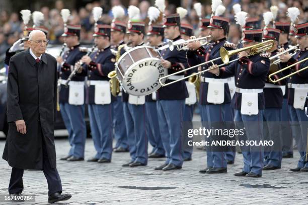 Italian President Giorgio Napolitano attends a ceremony at the Altare della Patria in Rome on April 22, 2013. Napolitano was sworn in for an...