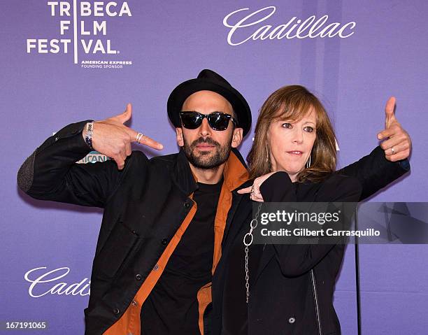 Artist JR and Co-Founder of the Tribeca Film Festival Jane Rosenthal attend the screening of "Inside Out: The People's Art Project" during the 2013...