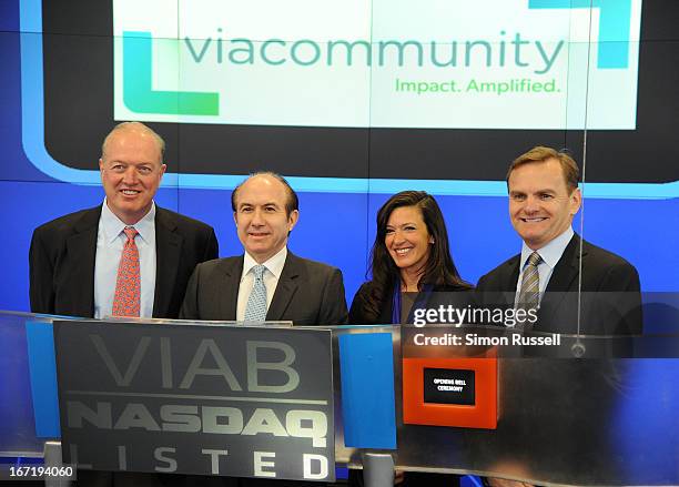 Chris Wood of Sea Bright Rising, Viacom President & CEO Philippe Dauman, Sea Bright Mayor Dina Long and EVP of NASDAQ Bruce Aust ring the NASDAQ...