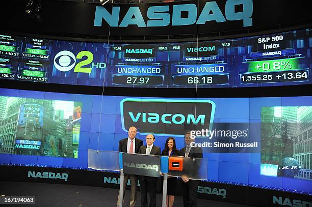 Chris Wood of Sea Bright Rising, Viacom President & CEO Philippe Dauman, Sea Bright Mayor Dina Long and EVP of NASDAQ Bruce Aust ring the NASDAQ...