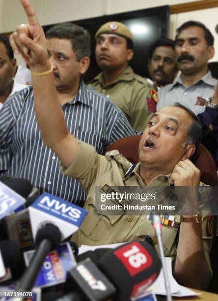 Delhi Police Commissioner Neeraj Kumar during the press conference at Police Headquarters about the rape case of a 5 year old girl in Gandhi Nagar on...