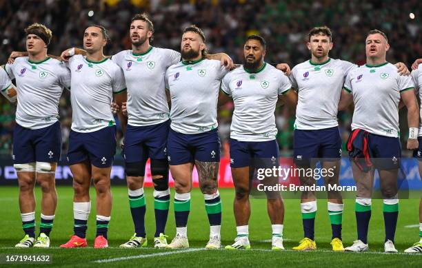 Nantes , France - 16 September 2023; Ireland players, from left, Josh van der Flier, James Lowe, Caelan Doris, Andrew Porter, Bundee Aki, Hugo Keenan...