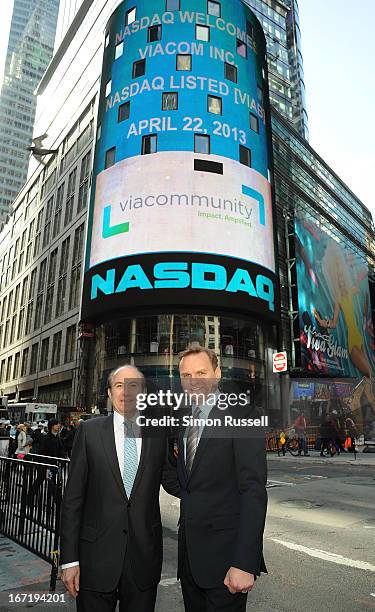 Viacom President & CEO Philippe Dauman and NASDAQ EVP Bruce Aust ring the NASDAQ Stock Market opening bell in honor of Viacommunity Day at the NASDAQ...