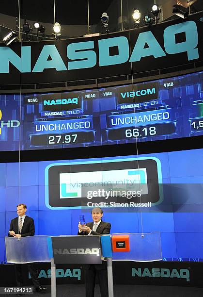 Bruce Aust and Viacom President & CEO Philippe Dauman ring the NASDAQ Stock Market opening bell in honor of Viacommunity Day at the NASDAQ MarketSite...