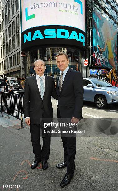Viacom President & CEO Philippe Dauman and NASDAQ EVP Bruce Aust ring the NASDAQ Stock Market opening bell in honor of Viacommunity Day at the NASDAQ...