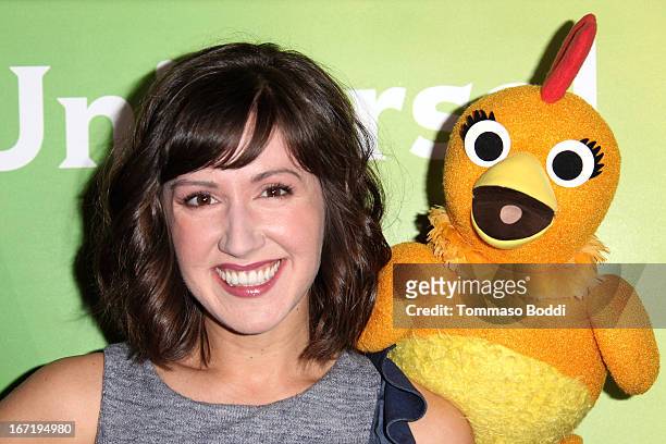Kelly Wrooman and Chica the Chiken attend the 2013 NBC Summer Press Day held at The Langham Huntington Hotel and Spa on April 22, 2013 in Pasadena,...