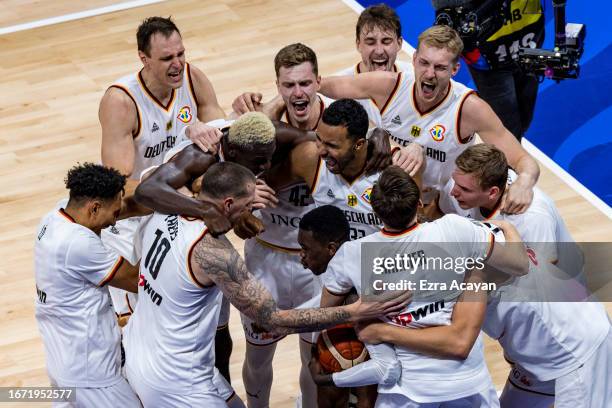 Germany celebrates after winning the FIBA Basketball World Cup Final between Germany and Serbia at Mall of Asia Arena on September 10, 2023 in...