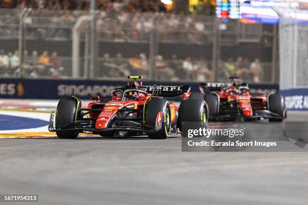 Carlos Sainz of Spain driving the Ferrari SF-23 on track during the F1 Grand Prix of Singapore at Marina Bay Street Circuit on September 17, 2023 in...