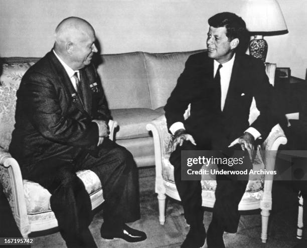 President Kennedy and Soviet Premier Nikita Khrushchev meet at the American ambassador's residence in Vienna, Vienna, Austria, June 3, 1961.