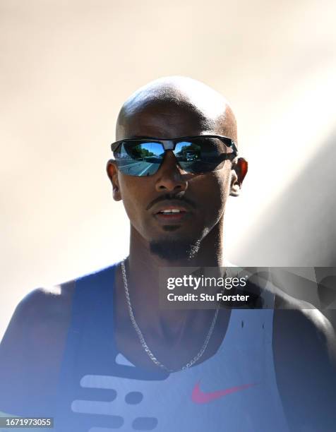 Sir Mo Farah of Great Britain looks on as heads to the start line before eventually finishing in fourth place in the Elite Men race in his final race...