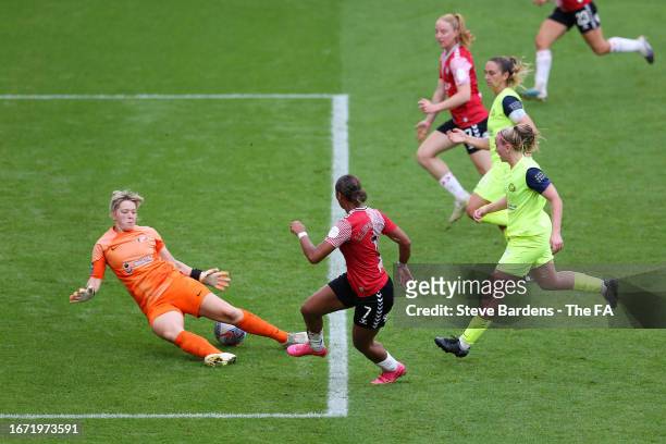 Lexi Lloyd-Smith of Southampton FC has a shot blocked by Claudia Moan of Sunderland during the Barclays FA Women's Championship match between...