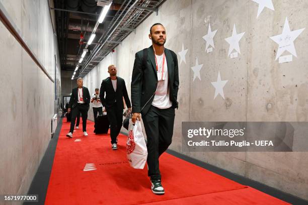 Martin Braithwaite of Denmark arrives at the stadium prior to the UEFA EURO 2024 European qualifier match between Finland and Denmark at Helsinki...