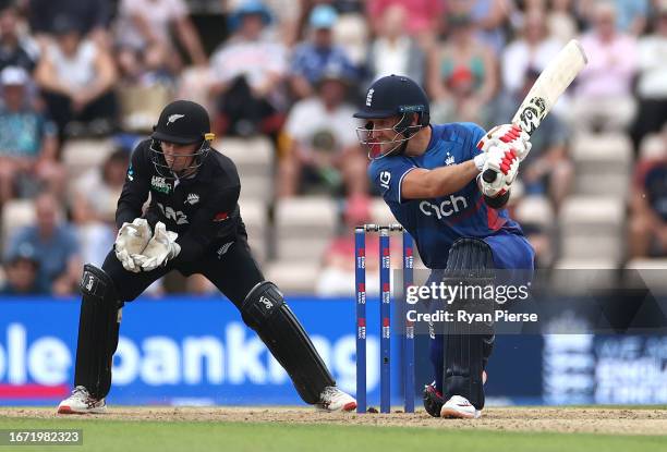 Liam Livingstone of England bats as Tom Latham of New Zealand keeps wicket during the 2nd Metro Bank One Day International match between England and...