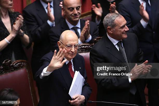 Newly reelected President Giorgio Napolitano waves as he leaves the Italian Parliment at Palazzo Montecitorio on April 22, 2013 in Rome, Italy....