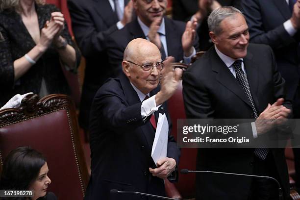 Newly reelected President Giorgio Napolitano waves as he leaves the Italian Parliment at Palazzo Montecitorio on April 22, 2013 in Rome, Italy....