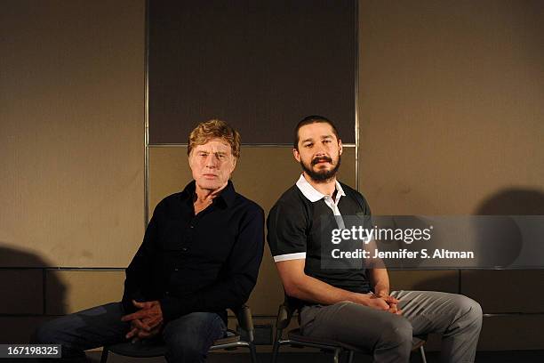 Actor/director Robert Redford and actor Shia LaBeouf are photographed for Los Angeles Times on April 1, 2013 in New York City.