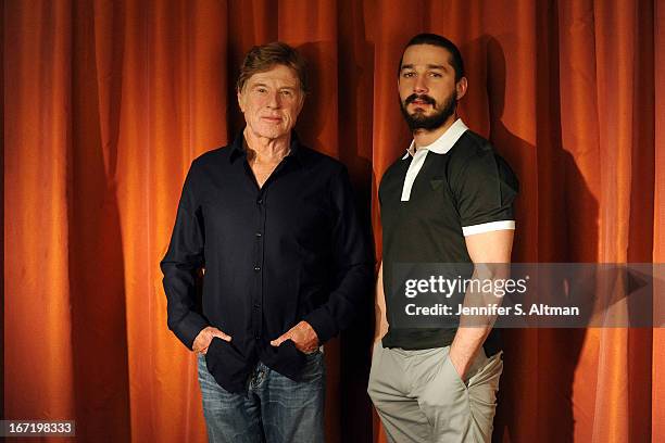 Actor/director Robert Redford and actor Shia LaBeouf are photographed for Los Angeles Times on April 1, 2013 in New York City.