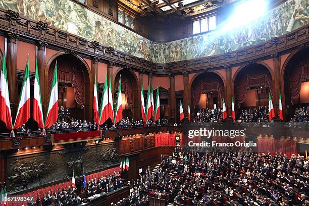 View of the Chamber of Deputies as newly reelected President Giorgio Napolitano delivers his speech at Palazzo Montecitorio on April 22, 2013 in...