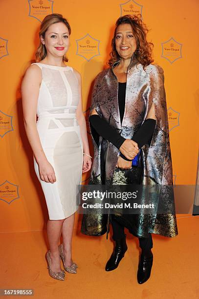 Kathryn Parsons, winner of the New Generation award, and Dame Zaha Hadid, winner of the Veuve Clicquot Business Woman Award 2013 attend the Veuve...