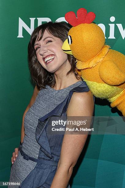 Kelly Vrooman and Chica the Chicken attend the 2013 NBCUniversal Summer Press Day held at The Langham Huntington Hotel and Spa on April 22, 2013 in...