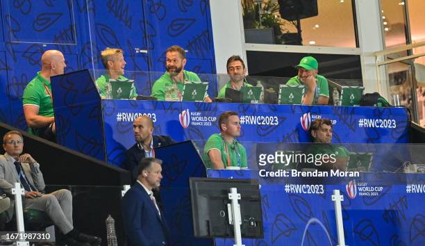 Nantes , France - 16 September 2023; Ireland head coach Andy Farrell, back row centre, with his coaching staff, from left, forwards coach Paul...