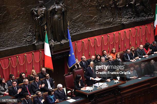 Newly re-elected President Giorgio Napolitano inaugurates his mandate before a joint session of parliament at Palazzo Montecitorio on April 22, 2013...