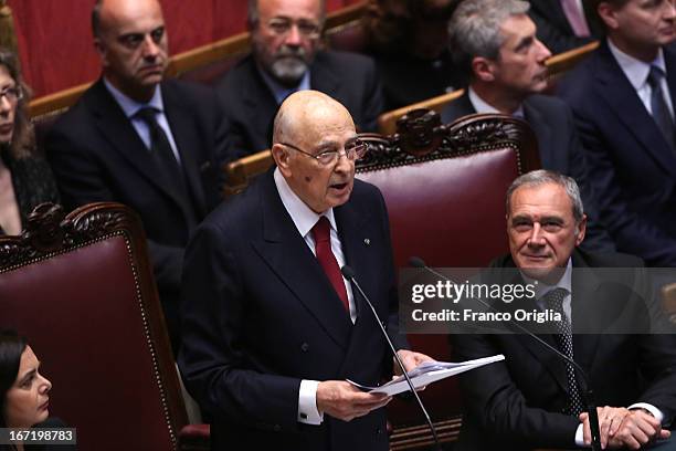 Newly re-elected President Giorgio Napolitano , flanked by President of Senate Pietro Grasso , inaugurates his mandate before a joint session of...