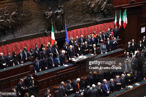 Newly re-elected President Giorgio Napolitano inaugurates his mandate before a joint session of parliament at Palazzo Montecitorio on April 22, 2013...