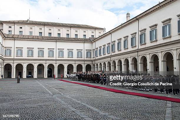 Guard of honor wait the arrival of the newly elected President Giorgio Napolitano at Palazzo del Quirinale on April 22, 2013 in Rome, Italy. Giorgio...
