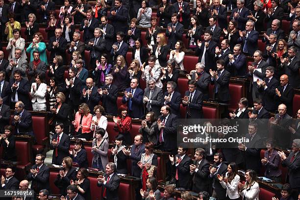 View of the Chamber of Deputies as newly re-elected President Giorgio Napolitano delivers his speech at Palazzo Montecitorio on April 22, 2013 in...