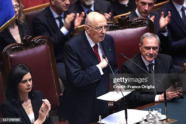 Newly reelected President Giorgio Napolitano speaks as President of Senate Pietro Grasso and President of the Chamber of Deputies Laura Boldrini...