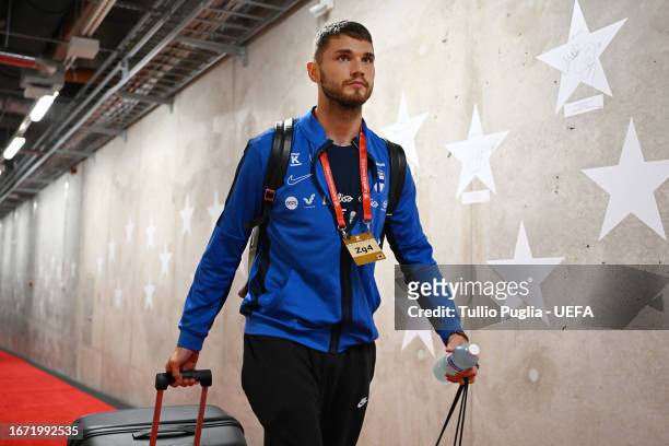 Arttu Hoskonen of Finland arrives at the stadium prior to the UEFA EURO 2024 European qualifier match between Finland and Denmark at Helsinki Olympic...