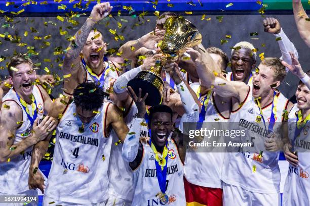 Germany celebrates after winning the FIBA Basketball World Cup Final between Germany and Serbia at Mall of Asia Arena on September 10, 2023 in...