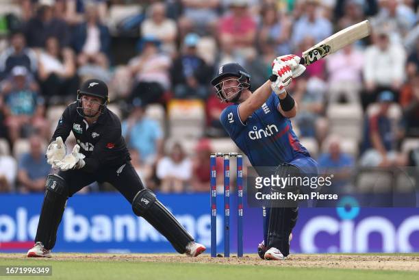 Liam Livingstone of England bats as Tom Latham of New Zealand keeps wicket during the 2nd Metro Bank One Day International match between England and...