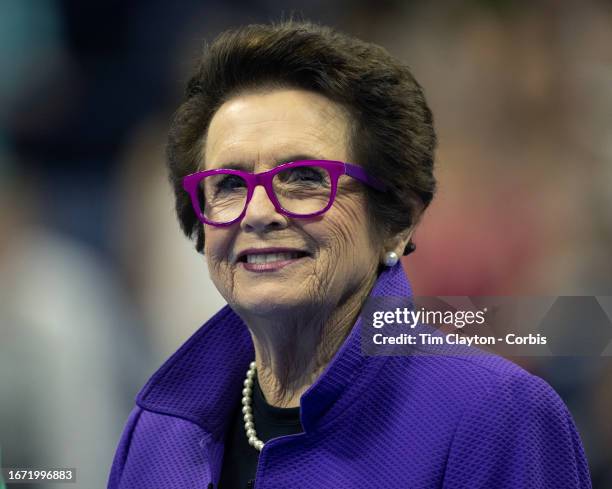 September 9: Billie Jean King at the trophy presentation before presenting the winners' trophy to Coco Gauff of the United States after the Women's...